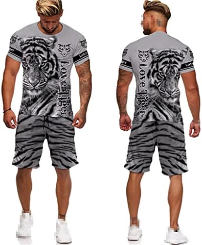 Keusyoi лето животно тигар 3Д печатени маички шорцеви од маица костум за кратки ракави за спортска облека со две парчиња сет