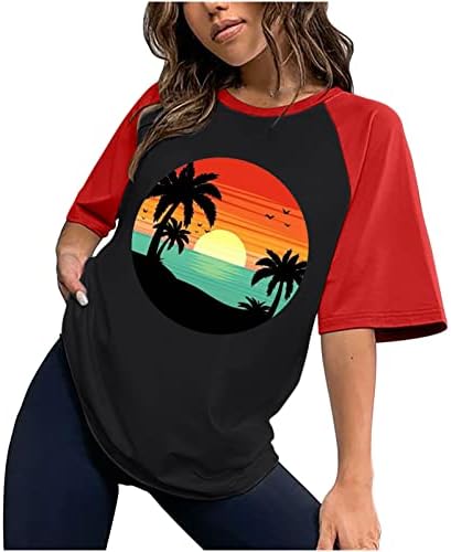 Плус големина на врвови за жени Raglan блок во боја краток ракав екипа на плажа зајдисонце печати лабава фит блуза облечена обична