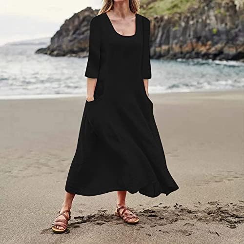 Фустани за жени 2023 година, женско лето 2022 година обичен моден цврст памук и среден долги фустан со краток ракав