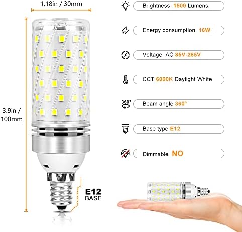 inShareplus E12 LED Светилки 12 Пакет, Дневна СВЕТЛИНА 6000K, 16w Канделабри LED Светилки, CRI80+, 120w Еквивалент, 1500lm, Е12 База LED