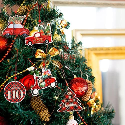 16 парчиња црвен Божиќ пикап камион украси за новогодишни елки Божиќни дрвени фарми што висат занаети за украси за одмор во куќа.
