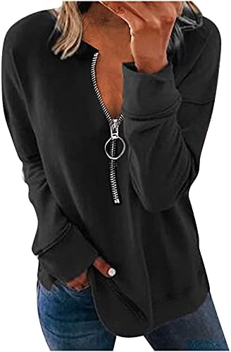 Женски каузална половина поштеда на џемпер со долги ракави, лабава пулверска врвови на обична јака од јака, активна облека за активна