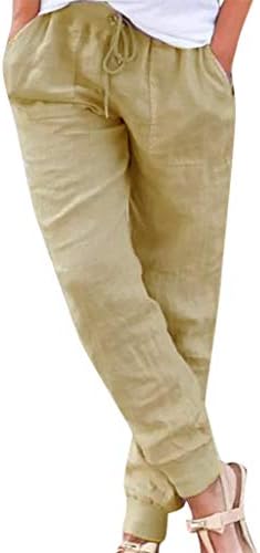 Kitimimeенски памучен постелнина панталони цврсти еластични половини глуждови каприс панталони летни модни салон панталони со џебови