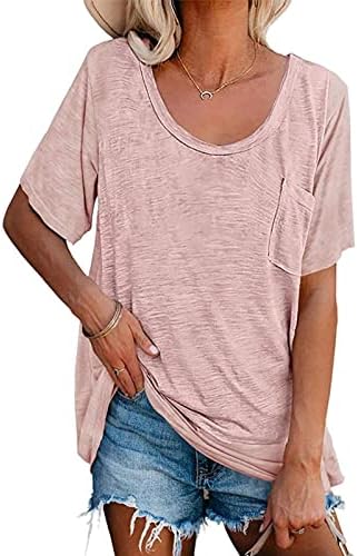 Летни маици за маици за жени секојдневно обична цврста боја лабава лабава фит блуза тркалезна вратот со кратки ракави џебни маици на маица