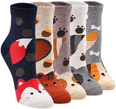 5 пара женски чорапи женски шарен симпатичен памук со чорапи за дизајн на цртани филмови животински кул чорапи