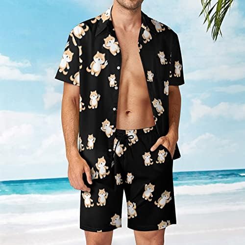 Weedkeycat симпатична Шиба Ину кучиња машка плажа облека 2 парчиња Хавајско копче надолу со кошула Краток ракав и шорцеви за трупови