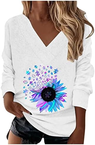 Женски обичен худи моден мода V-врат пуловер џемпер цветни печати преголем долг ракав пулвер врвна блуза