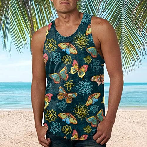 Ubst Mens Хавајски резервоар врвови графички тропски печати маички без ракави, атлетски опуштено-фит-катран резервоар за плажа,
