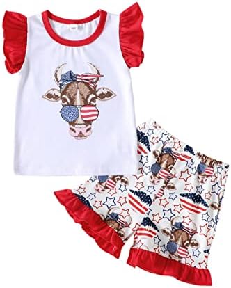 Денот на независноста на девојчињата, бик глава, летачки ракав Т -starвезда чипка шорцеви за печатење на чипка + врвна облека за