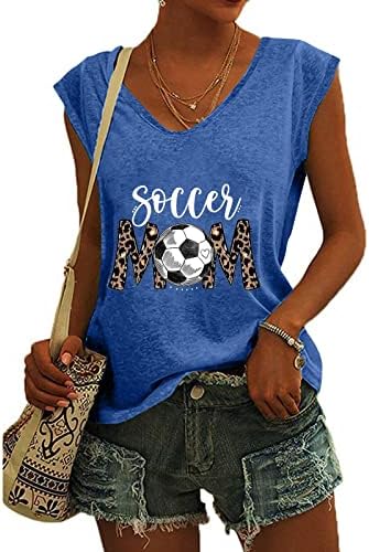 Фудбал мама резервоар врвови за жени-маичка со ракав за вратот, симпатична буква печатена леопард мама графичка мета каузална летна врвови