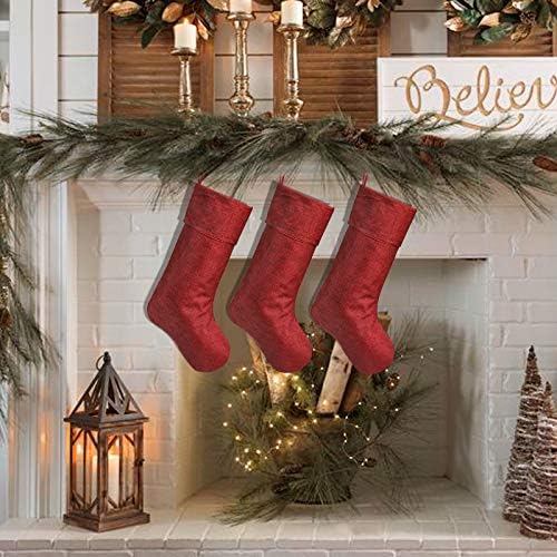 Ivenf Божиќни чорапи, 3 парчиња 18 инчи Бургундија Бурлап со чорапи со двојни слоеви, за украси за семејни празници Божиќни забави