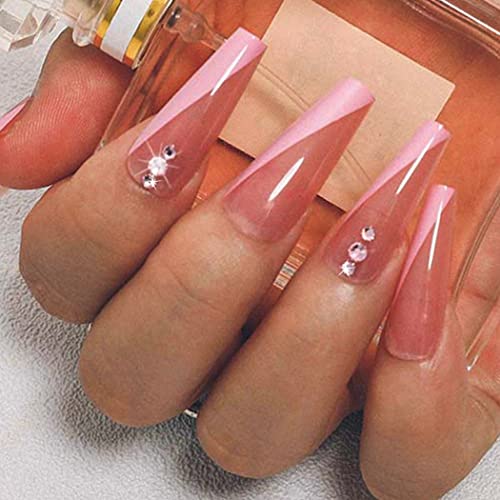 Acedre Press на ноктите долги розови лажни нокти со rhinestones дизајнирани балерина акрилни нокти сјајно целосна покривка на ноктите уметност за жени и девојчиња