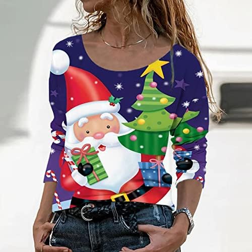 Ufенска блуза во Уфоко, преголема количина на должина за жени со долг ракав Божиќ кул тенка екипаж маица графика