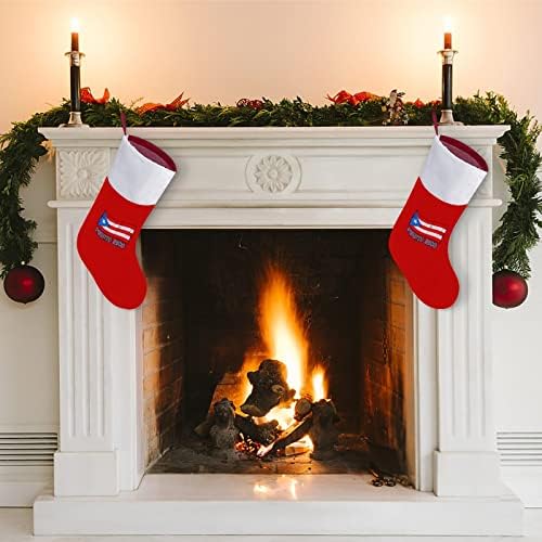 Порто Риканско знаме на гордоста Божиќно чорапи црвен кадифе со бела торба за бонбони Божиќни украси и додаток на семејна забава