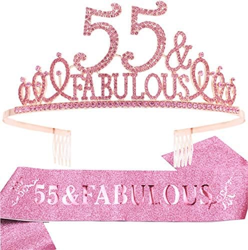Ebe Emmasbyemma 55 -ти роденден Саш и Тијара за жени - прекрасен сјај за сјај + прекрасен розов врвен премиум метал тијара за неа, 55 -ти роденденски