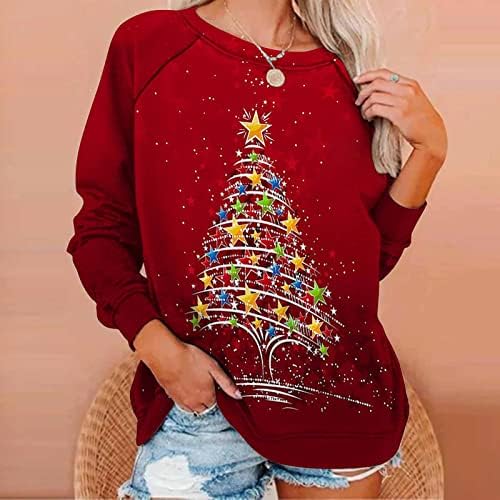 Womenените екипаж џемпери мода 2023 година Нова Година Долга ракав Божиќен џемпер осветли симпатична Божиќна блуза пуловер врвови