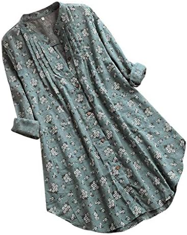 Врвови за цветни кошули за жени со копче со долга ракав Туника блуза со џебови маичка со јака од јака од џебови