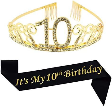10 -ти роденден злато тиара и појас, сјајно сатен саш и кристална тиара роденденска круна за среќна 10 -та роденденска забава, залага за украси