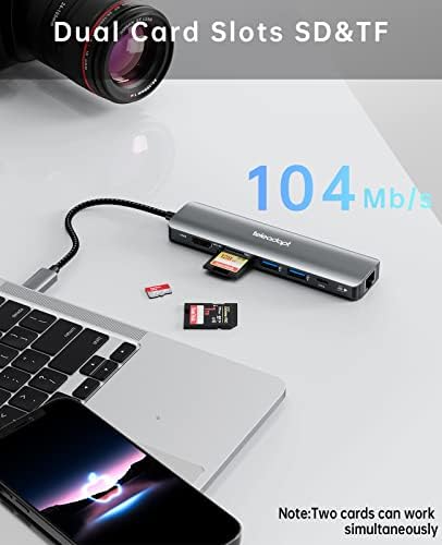 TELEADAPT USB C Hub, USB C До Ethernet Hub, 7-во-1 USB Hub Мултипорт Адаптер За Лаптоп, 4K 60Hz, 1Gbps, 100W PD, 2 USB 3.0 Порти, Сд/TF Читач