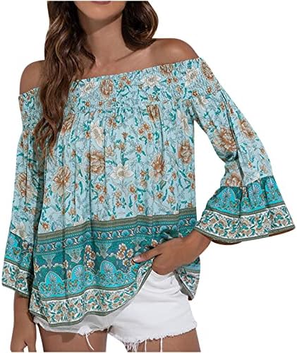Надвор од врвовите на рамото за жени 3/4 bellвоно ракав лето гроздобер боемска маичка плажа обична цветна тунична блуза блуза