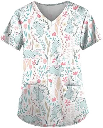 Жени среќни велигденски кошули зајаче зајак симпатична печатена графичка работа, обични врвови со кратки ракави со џебови