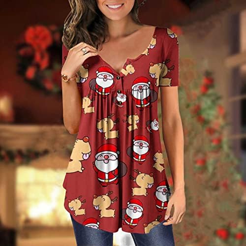 Женски обични кошули со кратки ракави Божиќни елки печатени маички се кријат стомак лабава проточна тунична блуза копче надолу