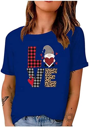 Валентин кошули за жени со краток ракав Основен мета леопард карирана гном печати празнична тунична врвови летни слатки маички кошули