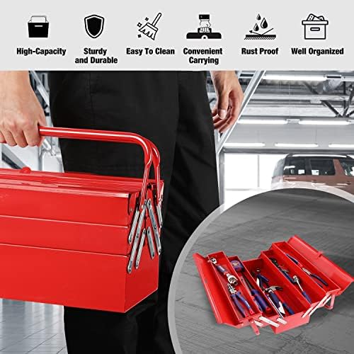 Кутија за метални алатки WorkPro, 18-инчен кантилувер преклопување црвена кутија за складирање, 3-слој со 5-лента со повеќе функционални организатор