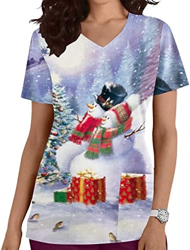 Симпатични божиќни врвови за чистење за жени, паднати обвивки за обвивка, кратки ракави против работна облека за вратот со џебови