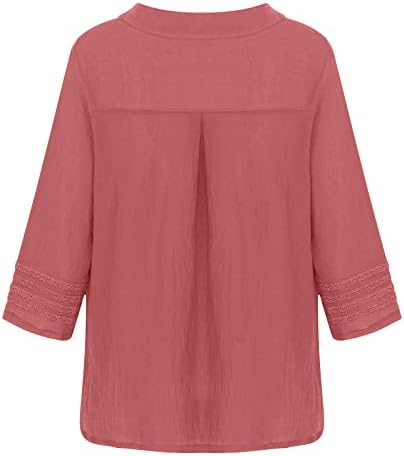 Женски обични врвови на туники лабава вклопена памучна постелнина маица V вратот чипка трим блуза 3/4 ракав цврсти кошули во боја