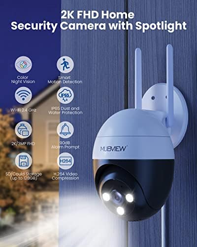 Mubview безжична камера на вратата и безбедносна камера на отворено со преглед на 360 ° PTZ. 2,4G WiFi паметен домашен фотоапарат,