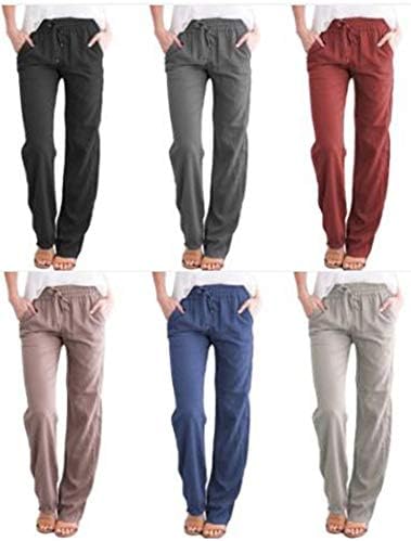 Женски палацо постелнини панталони широки нозе со висока половината, кои се наоѓаат на лежење на долги панталони, удобни еластични панталони