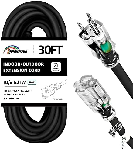 Honderson 30ft Осветлен кабел за продолжување на отворено - 10/3 SJTW тешка црна продолжена кабел со 3 приклучен приклучок за безбедност