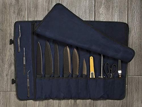 Асаја Платно Готвач Нож Ролна Торба - 10 Нож Слотови И Голем Џеб Патент-Издржлив 10оз Платно Нож Случај Со Прилагодливи Рамо Лента