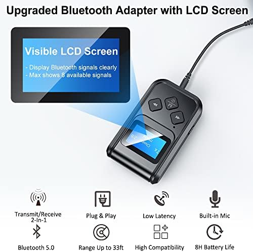 Bluetooth 5.0 приемник на предавателот, 2-во-1 преносен AUX Bluetooth адаптер за автомобил/ТВ/компјутер/домашен аудио систем, адаптер