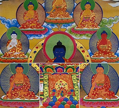 Gandhanra tibetan thangka wallид што виси, осум форми на bhaisajyaguru, медицина Буда, будистичка уметност во сликарство Танга, брокада Танга, Буда таписерија со свиток, за медитација н?