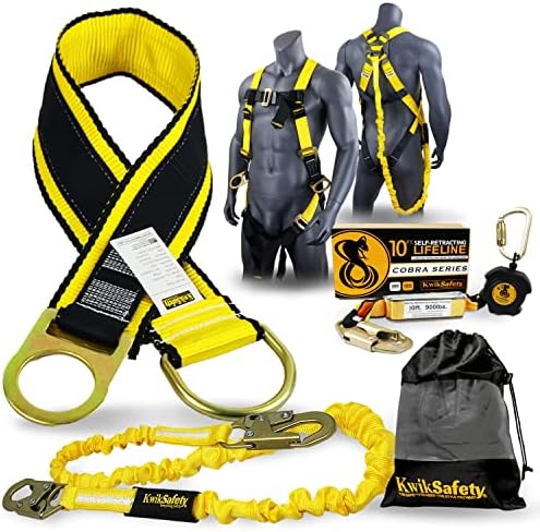 Kwiksafety Gibbon Grip 3 ft Security Anchor Cross Raid Rest, 10 'Selftracting LifeLine 6' Safety Lanyard 3 D-Ring Harness 10 lb Tool