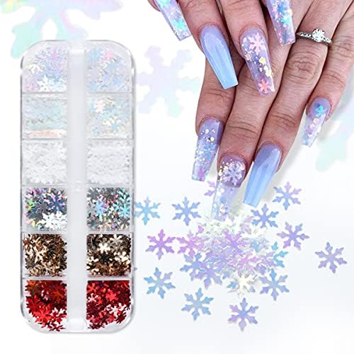 12 решетки Холографски снегулки за нокти сјајни зимски Божиќни нокти налепници на налепници 3Д искривени конфети нокти шарми