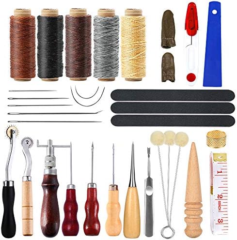 34 парчиња Комплет за алатки за кожа, кожни работни алати и материјали, кожен комплет за шиење со кожа, кожни игли за шиење, восочна