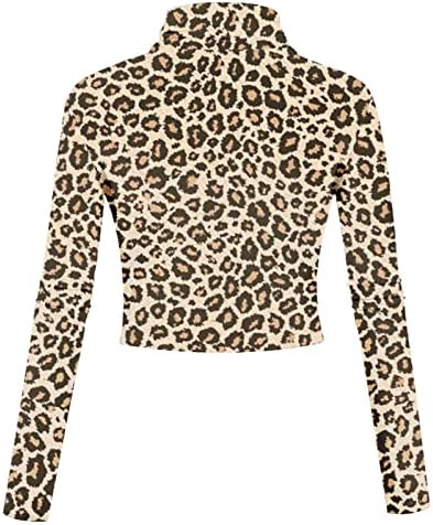 Тенок кошула блуза за жени леопард печати кратки туники за висина на вратот со долги ракави, врвови со жешка облека за облека,
