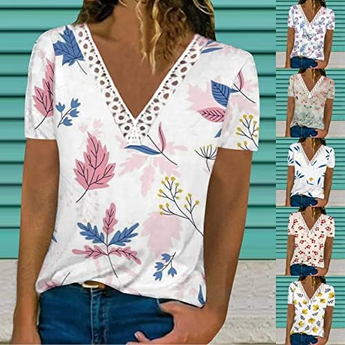 Женски летни кошули 2023 фустани обични врвови графички печатени манчиња чипка за чипка V вратот маици лабава вклопена туника блуза