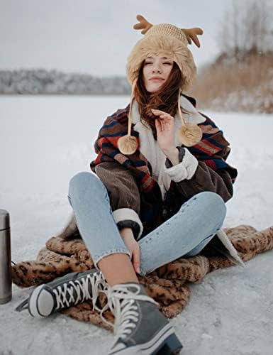 Анлеј плетена капа Елк Бејни зимски топло череп капачиња со пом пом за жени девојки