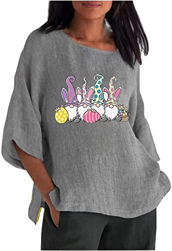 Велигденски кошули за жени екипаж Велигденски гном печатено топ 3/4 ракав памучни постелнина блузи лабави обичен пуловер
