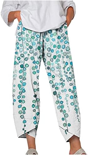 lcepcy capri панталони за жени памучни постелнини широки нозе печати исечени панталони лето плажа еластична половината со панталони
