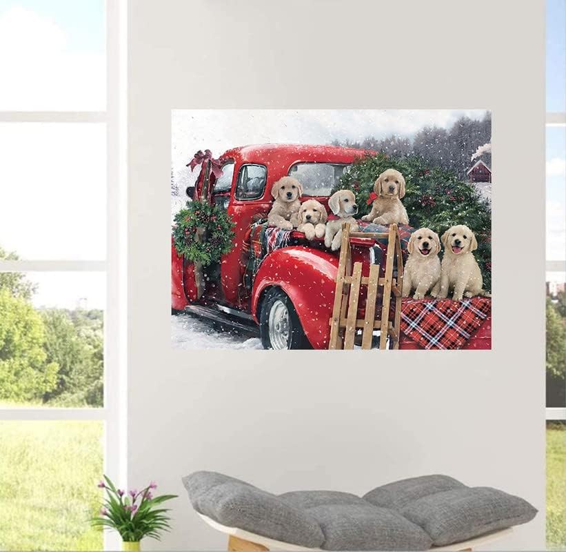 5д DIY круг целосен дијамантски уметнички сет, Божиќен венец црвен камион куче дијамантски сет, зимски занаетчиски сет за возрасни почетници