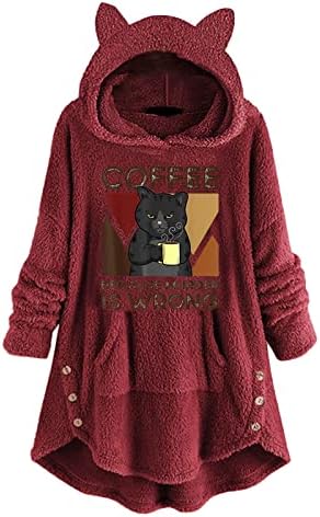 Longенски долг ракав црно кафе мачка печатена џемпер пуловер качулка руно симпатична кошула дуксери жени жени