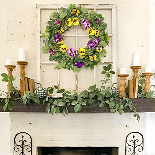 Пролетни венци за влезна врата 23инч со закачалка - пролетен декор лето вештачки цвеќиња венец за домашен wallиден прозорец