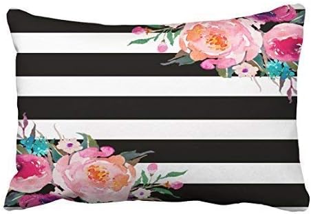 Емвент Декоративна фрлање перница за капакот на кралицата големина 20x30 инчи трендовски розова акварел цветна црна бела лента на отворено перница