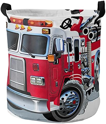 Огнен камион со тркалезна алишта, со рачки со рачки со цртан филм пожарен камион, црвена кул, ткаенина од Оксфорд, валкана облека,