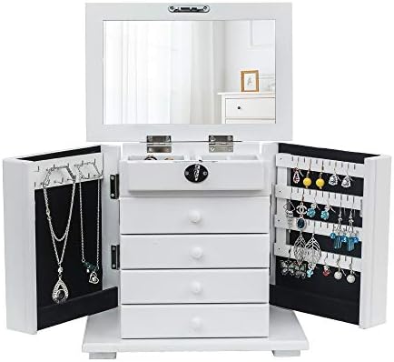 SSLINE 5-ниво голема кутија за накит со 4 фиоки и ѓердан/обетка за закачалка Елегантен бел дрвен накит Организатор за складирање на